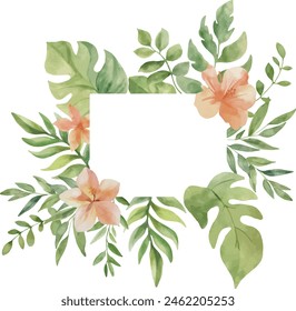 Vector Marco de la selva de acuarela con hermosas flores, monstruos, hojas de palma. espacio de Plantilla para texto. Tarjetas de felicitación, invitación, fiesta de género, baby shower, cumpleaños, evento, vacaciones, tarjeta de boda.