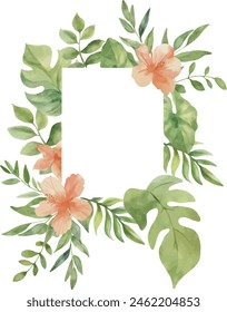 Vector Watercolor  jungle frame with redish flowers, monstera, palm leaves. Template space for text. Greeting cards, invitation, gender party, baby shower, birthday, event, holiday, wedding card.