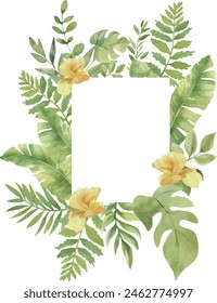 Vector Watercolor  jungle frame with yellow flowers, monstera, palm leaves. Template space for text. Greeting cards, invitation, gender party, baby shower, birthday, event, holiday, wedding card.