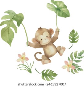 Vector Watercolor jungle monkey with palm leaves. Illustration, template, design elements for greeting cards, invitation, gender party, baby shower, birthday, event, holiday, wedding card, printable.