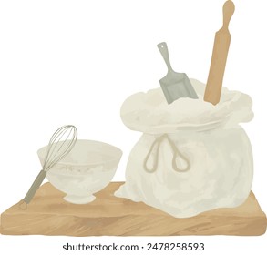 Vector Watercolor kitchen composition, whisk, bag of flour, rolling pin, scoop, board, illustrations for creative cooking, invitation, greeting cards, birthday, event, holiday, menu; cooking class.