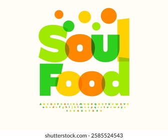 Vector Watercolor Label Soul Food. Bright Digital Font. Transparent Colorful Alphabet Letters and Numbers set.