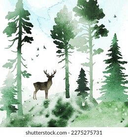 Vector watercolor landscape with coniferous forest, birds, hills and deer. Silhouette of a animal and trees. Nature illustration for poster, book, banner, postcard