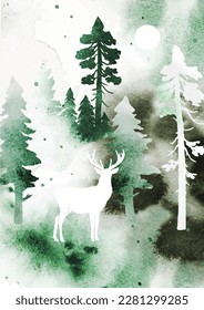 Vector watercolor landscape with coniferous forest and deer. Silhouette of a animal and trees. Nature illustration for poster, book, banner, postcard. Collage with watercolor texture. Size A4