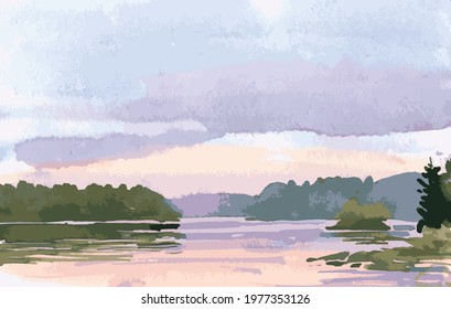 Vector watercolor landscape of lakeside in lilac sunset