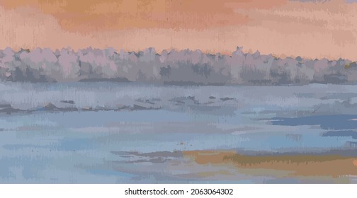 Vector watercolor landscape of riverside on winter frosty day