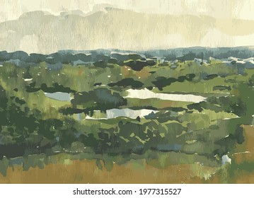 Vector watercolor landscape of summer day in countryside