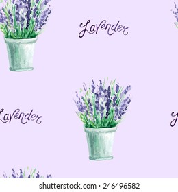 vector watercolor lavender bucket seamless pattern. It can be used for card, postcard, cover, invitation, wedding card, mothers day card, birthday card.