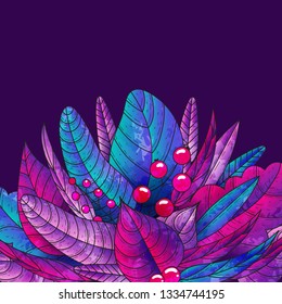 Vector watercolor leaf frame. Hand drawn floral elements isolated on violet background. Spring berries and leaves in purple, pink, blue colors