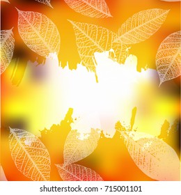 Vector and watercolor leaf silhouettes on a blurred yellow background with a white brush stroke for copy space, autumn banner or flyer design