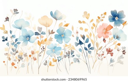 Vector watercolor leaves and flowers, background, texture, pattern. For design.