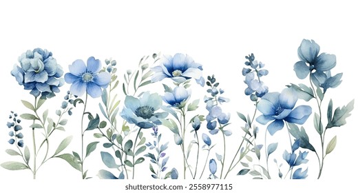 Vector watercolor leaves and flowers, background, texture, pattern for design blue color. 