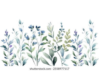 Vector watercolor leaves and flowers, background, texture, pattern for design blue color. 