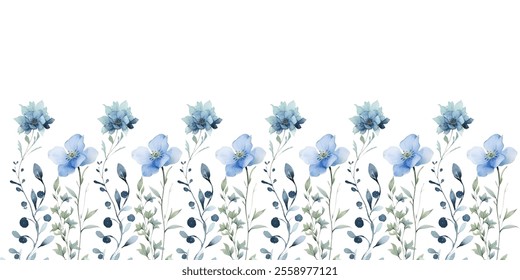 Vector watercolor leaves and flowers, background, texture, pattern for design blue color. 