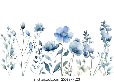 Vector watercolor leaves and flowers, background, texture, pattern for design blue color. 