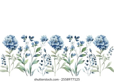 Vector watercolor leaves and flowers, background, texture, pattern for design blue color. 