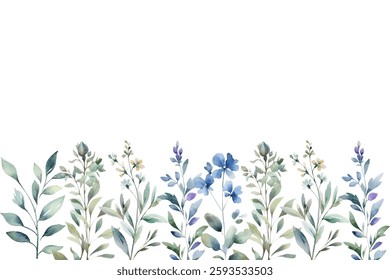 Vector watercolor leaves and flowers, background, texture, pattern for design blue color.