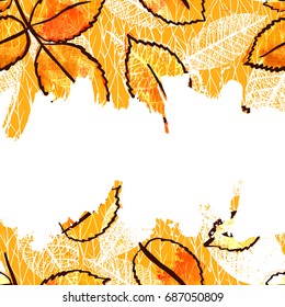 Vector and watercolor leaves and leaf silhouettes on a yellow background with a white brush stroke for copy space, autumn banner or flyer design