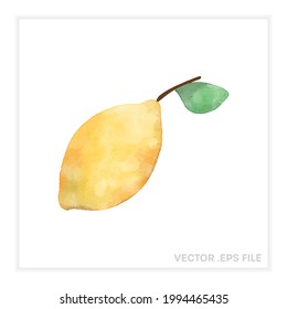 Vector watercolor lemon icon. Isolated yellow fruit with a green leaf. Cute healthy food illustration for organic citrus design.