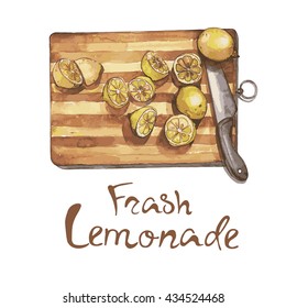 Vector. Watercolor  lemons for lemonade on a cutting board