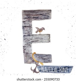 Vector watercolor letter E nautical design with bird, old wood texture and rope.