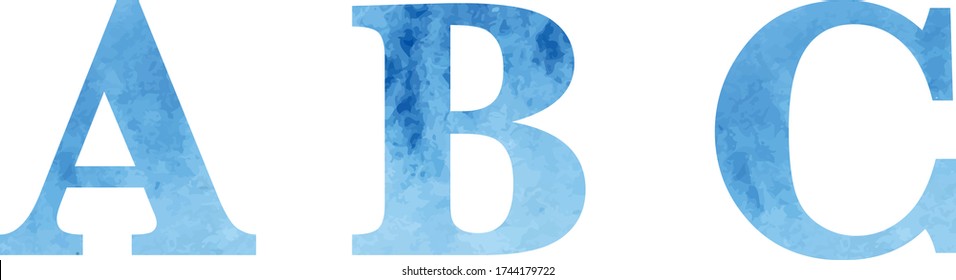 Vector watercolor letters, serif font, blue, texture A B C