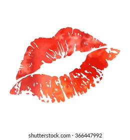 Vector Watercolor Lipstick Kiss Isolated On White Background, Beautiful Pink Lips, Lip Print On Paper, Drawing Of Beauty Symbol And Love