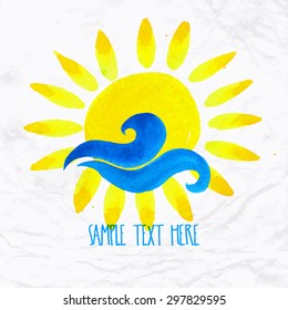 Vector watercolor logo with sun, wave, water splash and text. Design template and concept of positive attitude, family vacation, friendship, charity, local community, help, awareness, care and sharing