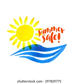 Vector watercolor logo with sun, wave, fresh water and text. Design template and concept of positive attitude, family vacation, friendship, charity, summer local community event, care and sharing