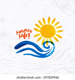 Vector watercolor logo with sun, wave, water color brushstroke and text. Design template and concept of surf club event, family vacation, friendship, local community, help, day care, inspiration