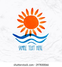 Vector watercolor logo with sun, wave, water and text. Design template and concept of positive attitude, family vacation, friendship, charity, local community, help, awareness, care and sharing