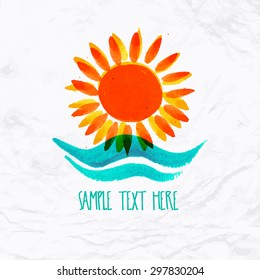 Vector watercolor logo with sun, wave, water splash and text. Design template and concept of positive attitude, family vacation, friendship, charity, local community, help, awareness, care and sharing