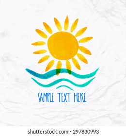 Vector watercolor logo with sun, wave, water and text. Design template and concept of positivity, energy, family vacation, friendship, charity, local community, help, hotel logo, care and sharing