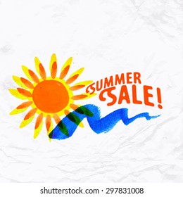 Vector watercolor logo with sun, wave, water color brushstroke and text. Design template and concept of positive attitude, family vacation, friendship, local community, help, day care, inspiration