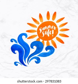 Vector watercolor logo with sun, wave, water splash and text. Design template and concept of positive attitude, family vacation, friendship, charity, local community, help, awareness, care and sharing