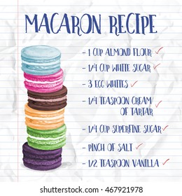 Vector watercolor macarons recipe on a notebook page