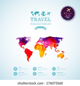 Vector watercolor map, web and mobile template. Corporate website design. Web media backdrop. Travel. Blurred. Background. Calligraphy badge. Website icons template.