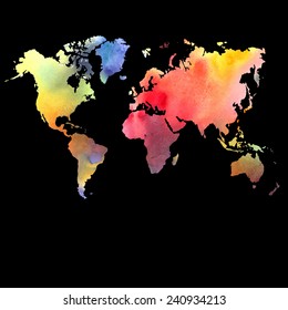 Vector watercolor map, web and mobile template. Corporate design web site. Atlas world map silhouette 