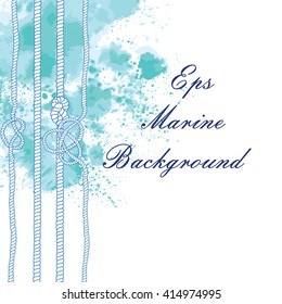 Vector watercolor marine background with rope and knot. Hand drawn vector