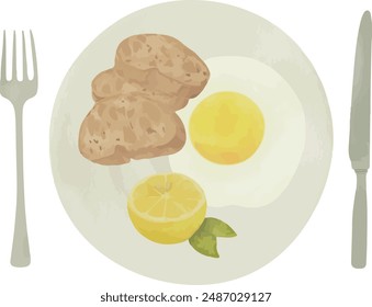 Vector Watercolor meal, bread, lemon, eggs, cutlery. Illustrations for creative cooking, invitation, greeting cards, birthday, event, holiday, menu; cooking class; Master Class