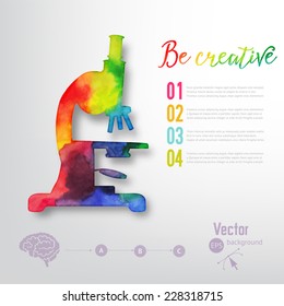 Vector watercolor microscope silhouette, scientific background, microscope sign. Creative Research