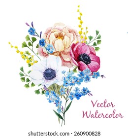 vector, watercolor, mimosa, forget-me, peony, anemone, bouquet