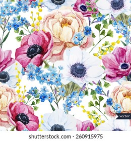 vector, watercolor, mimosa, forget-me, peony, anemone, pattern, 