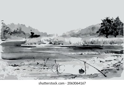 Vector watercolor monochrome drawing of landscape riverside with trees,grass and fishing rod