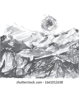 Vector Watercolor, Mountain Landscape View. Black & White.