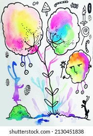 Vector watercolor multicolored abstract image with black stroke included