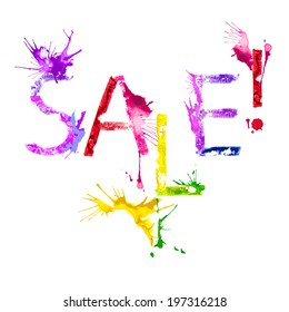 Vector watercolor multicolored paint splash inscription Sale isolated on white background