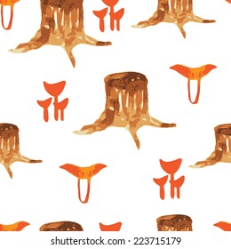 Vector watercolor mushrooms and stump. Autumn background