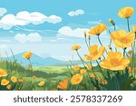 Vector watercolor nature landscape with beautiful yellow flowers
