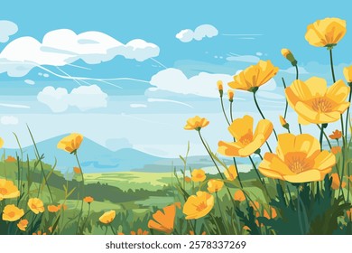 Vector watercolor nature landscape with beautiful yellow flowers
